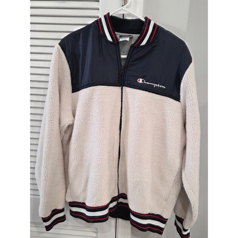 Mens Champion Sherpa Baseball Jacket Fleece & Nylon Navy Cream Large